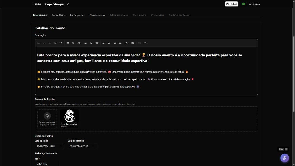 Painel administrativo da Shoryu com detalhes do evento