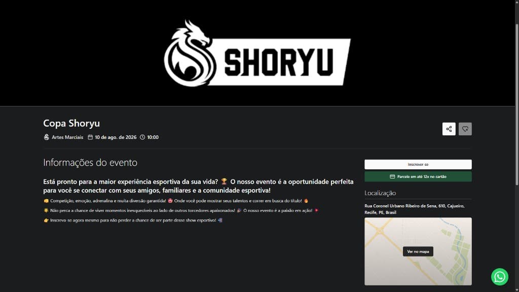 Página de inscrição do evento na Webapp Shoryu